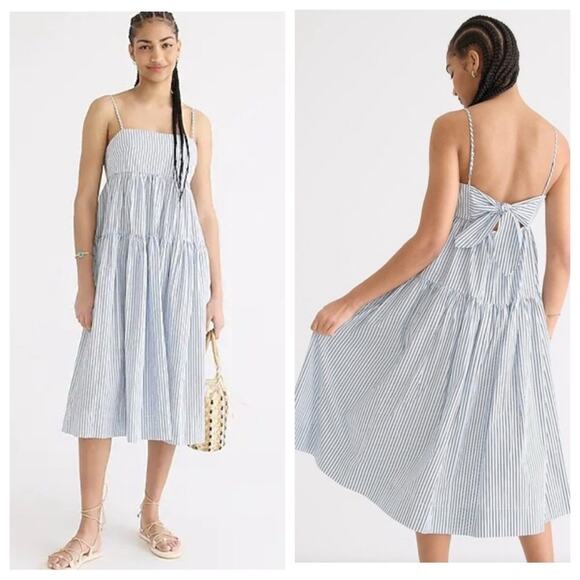 J. Crew Tie-Back Tiered Dress in Blue and White Stripe - Size 18 - Picture 1 of 7